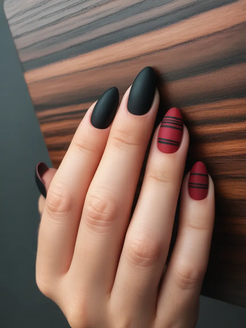 easy christmas nails ideas 2025 Matte Black And Red Minimalist Almond Nails