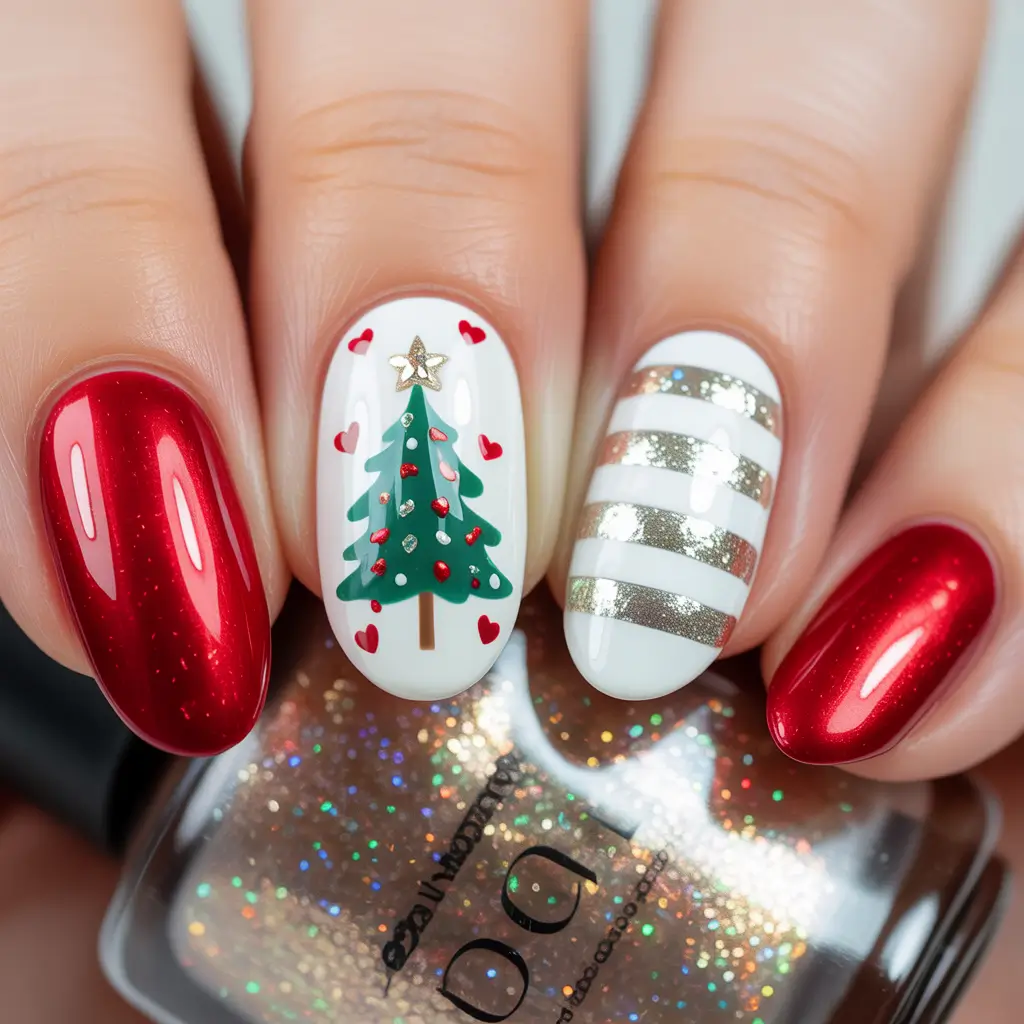 easy christmas nails ideas 2025 Playful Christmas Tree Mix-And-Match Nails