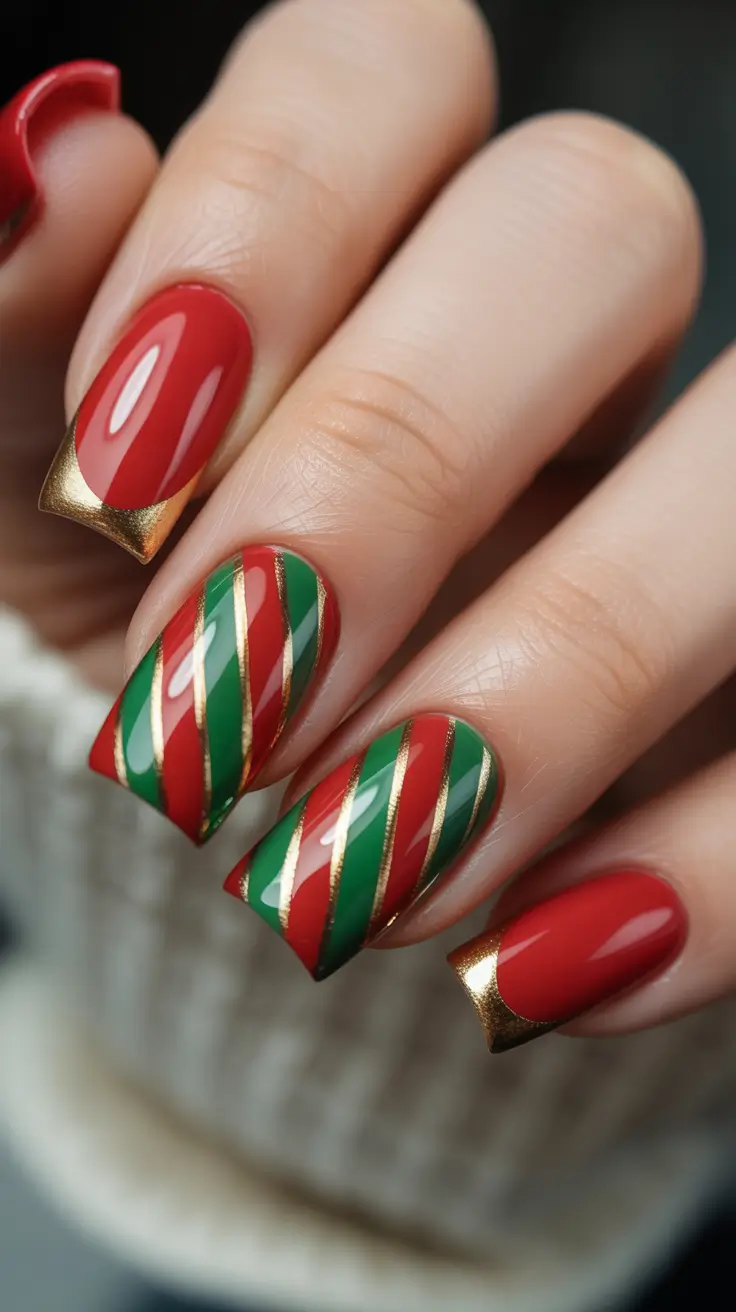 easy christmas nails ideas 2025 Red, Green, And Gold Candy-Stripes Nails