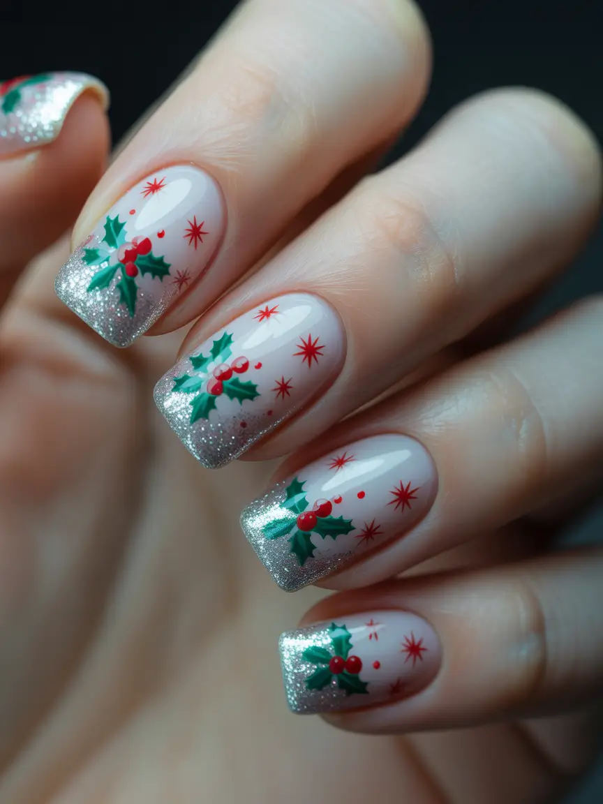 easy christmas nails ideas 2025 Silver Glitter Tips With Holly And Stars