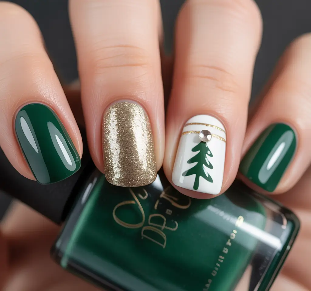 easy christmas nails ideas 2025 Green And Gold Accent Tree Nails