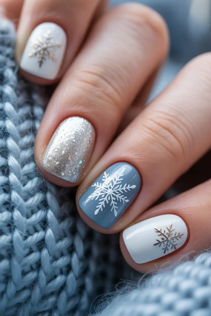 easy christmas nails ideas 2025 Blue And White Snowflake Winter Nails
