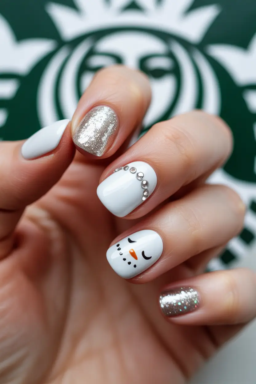 easy christmas nails ideas 2025 Snowman And Silver Glitter Party Nails
