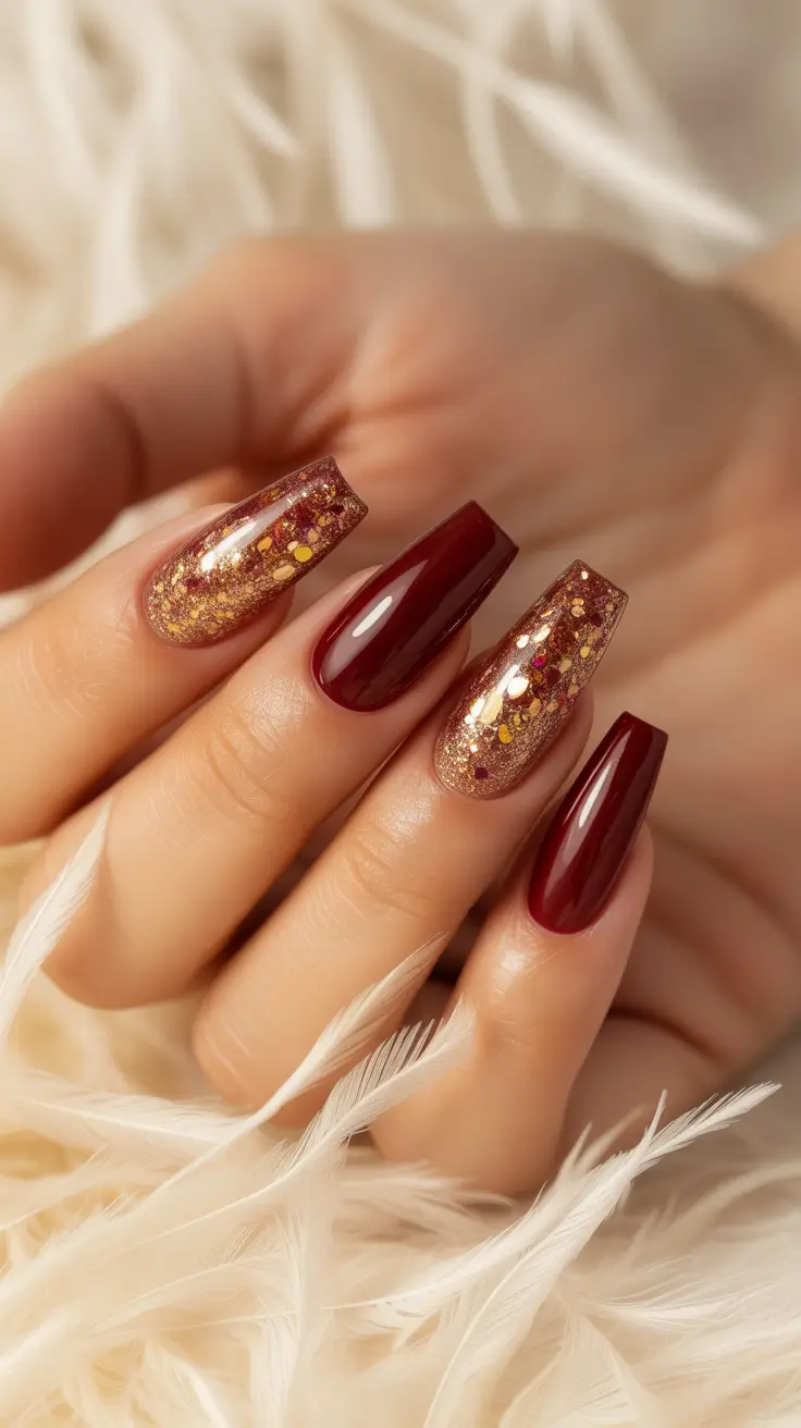 easy christmas nails ideas 2025 Deep Red And Molten Gold Party Coffin Nails