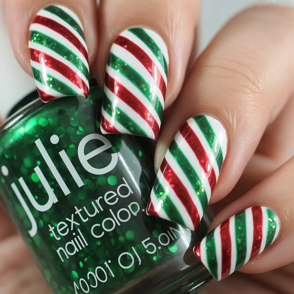 easy christmas nails ideas 2025 Textured Candy Cane Stripes In Red, Green, And White