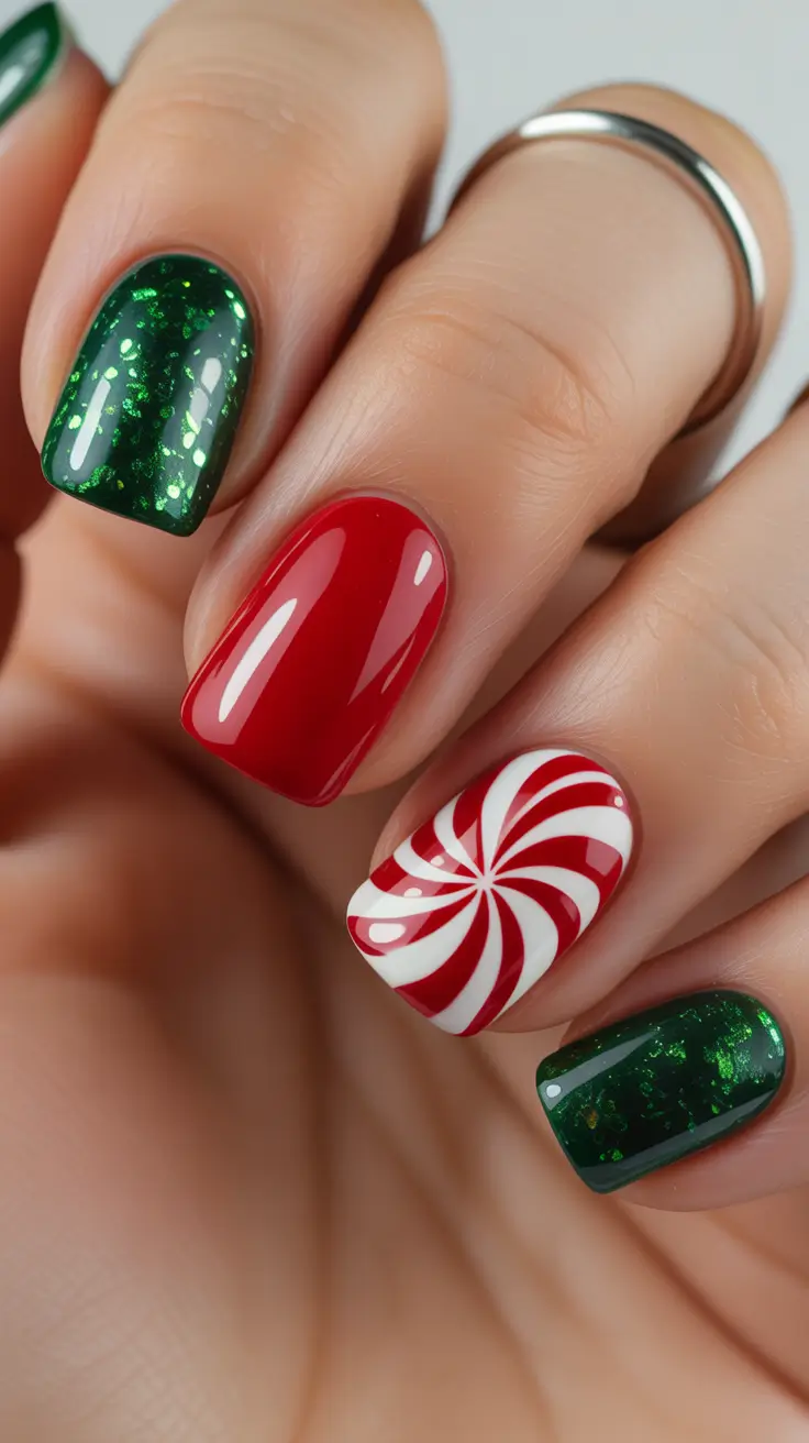 easy christmas nails ideas 2025 Peppermint Swirl And Emerald Glitter Mix
