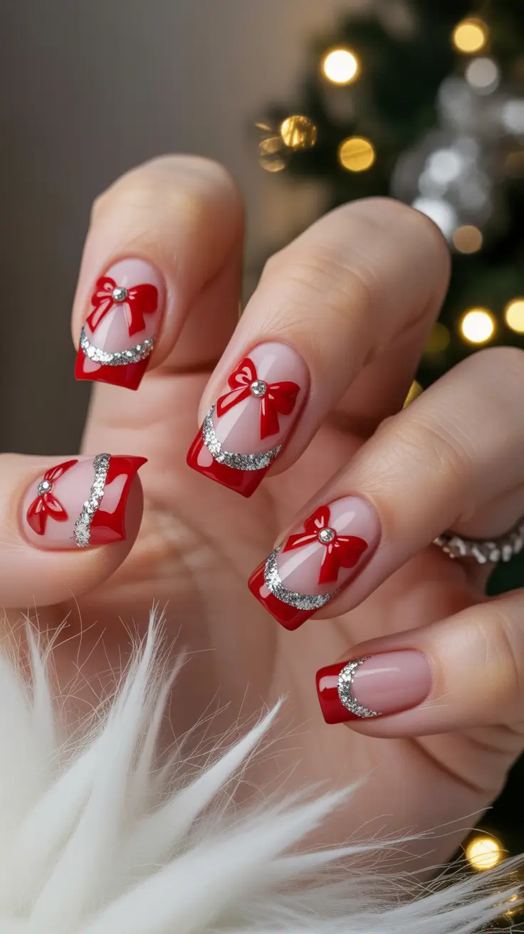 easy christmas nails ideas 2025 Gift-Wrapped French Tips With Bows And Silver Glitter