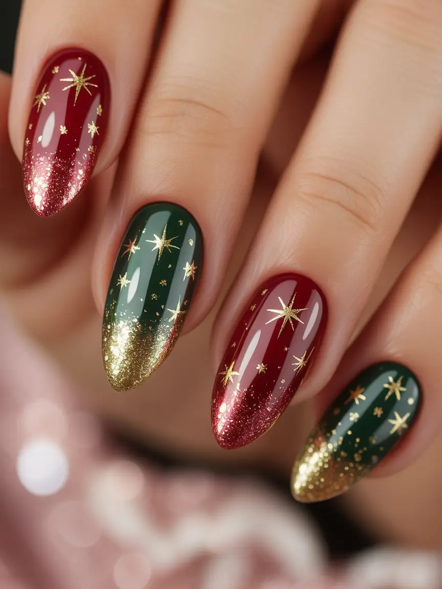 easy christmas nails ideas 2025 Red, Green, And Gold Starry Almond Nails