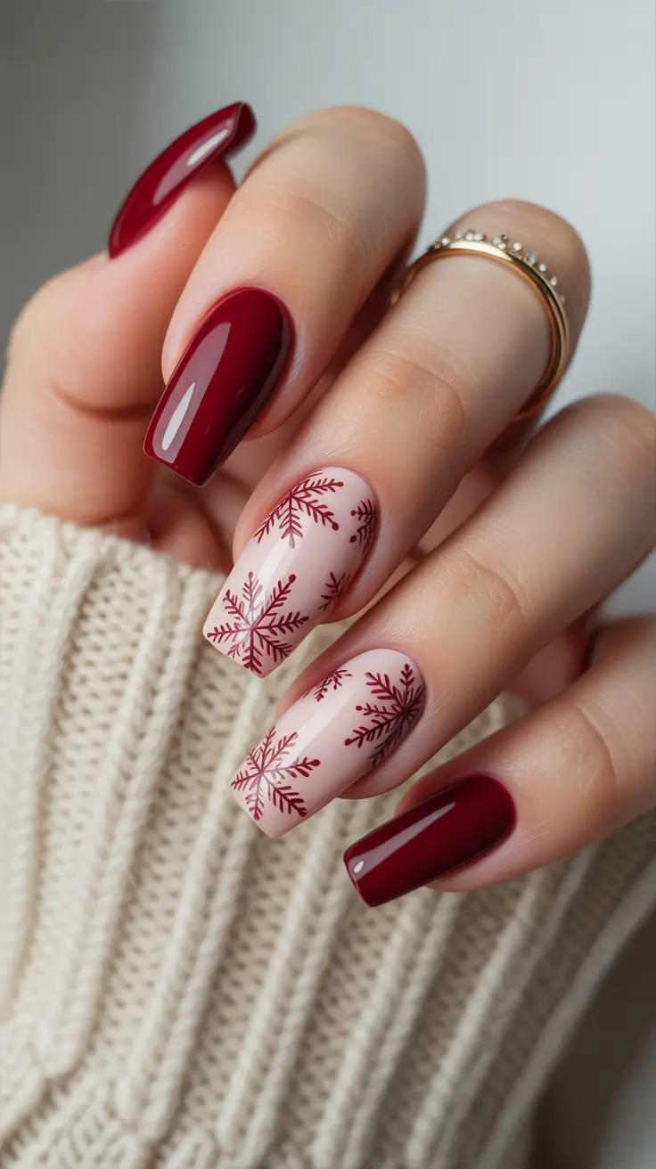 easy christmas nails ideas 2025 Burgundy And Nude Snowflake Accent Nails