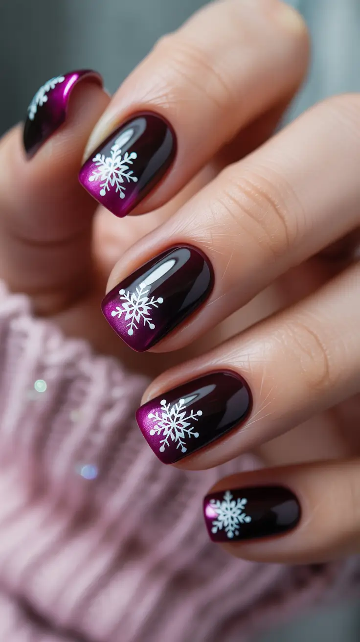 easy christmas nails ideas 2025 Plum Metallic Snowflake Short Nails