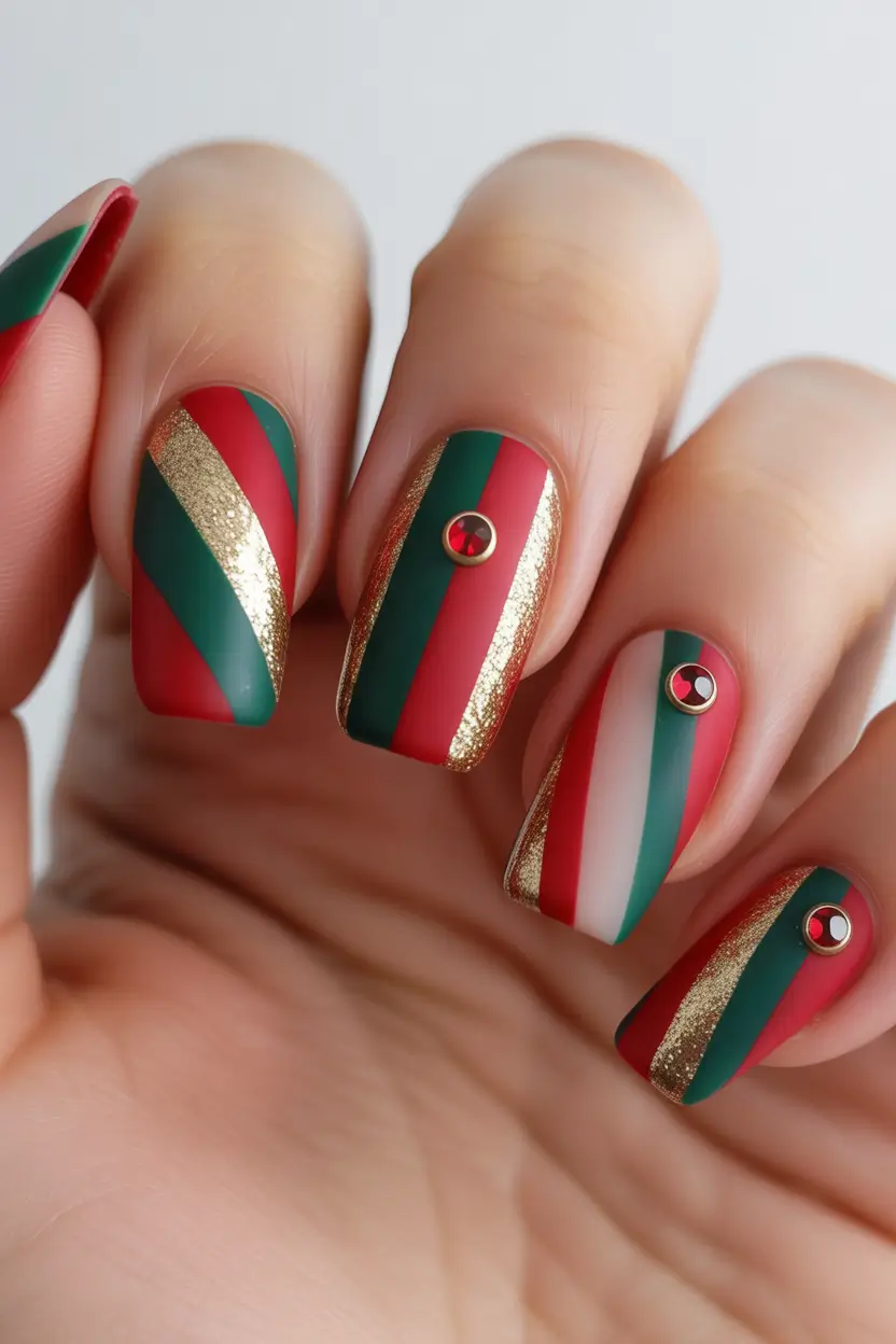 easy christmas nails ideas 2025 Red, Green, And Gold Matte Stripes With Studs