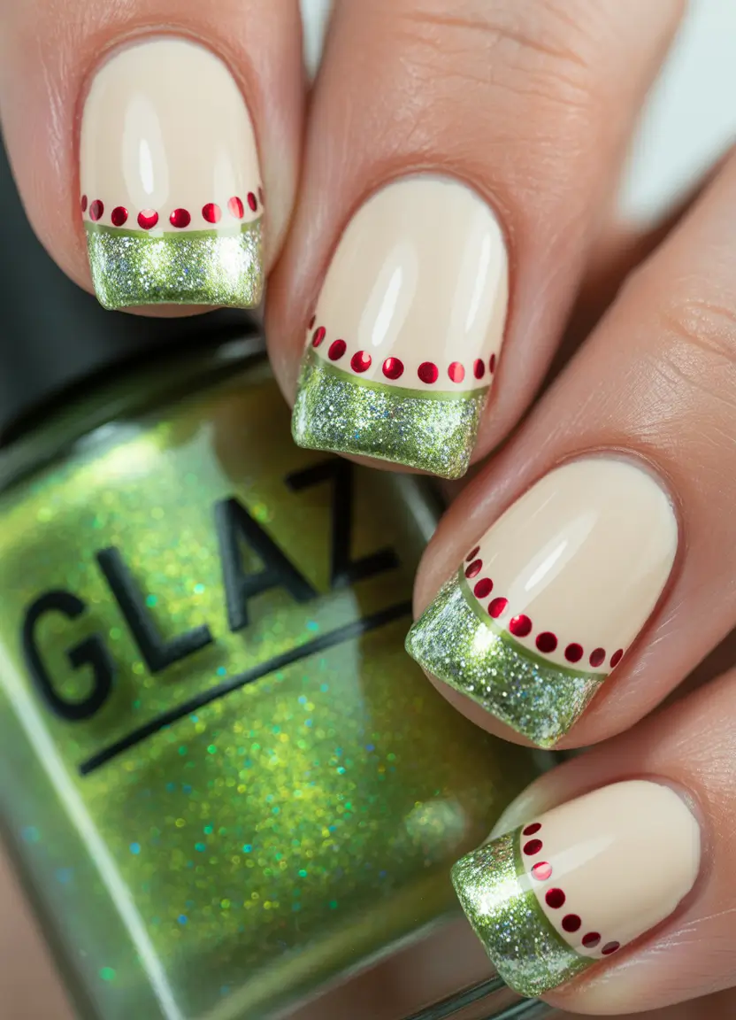 easy christmas nails ideas 2025 Soft Nude French With Green Glitter Tips And Red Dots