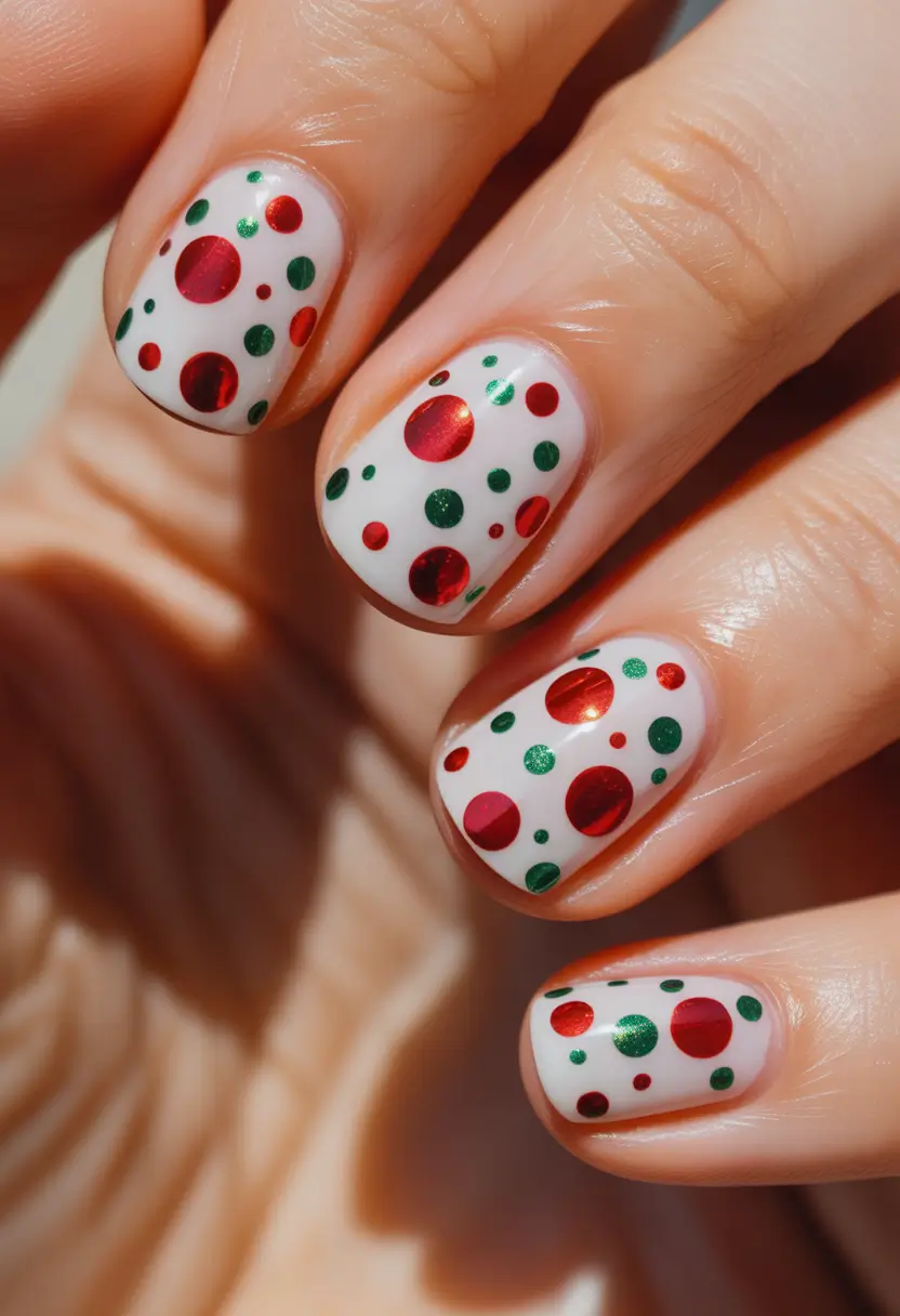 easy christmas nails ideas 2025 Playful Christmas Confetti Dot Nails