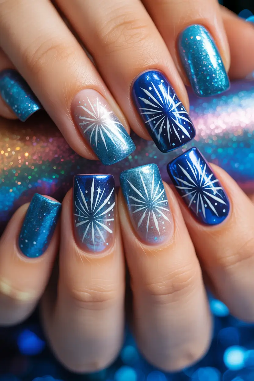 easy christmas nails ideas 2025 Midnight Blue Firework Sparkle Nails