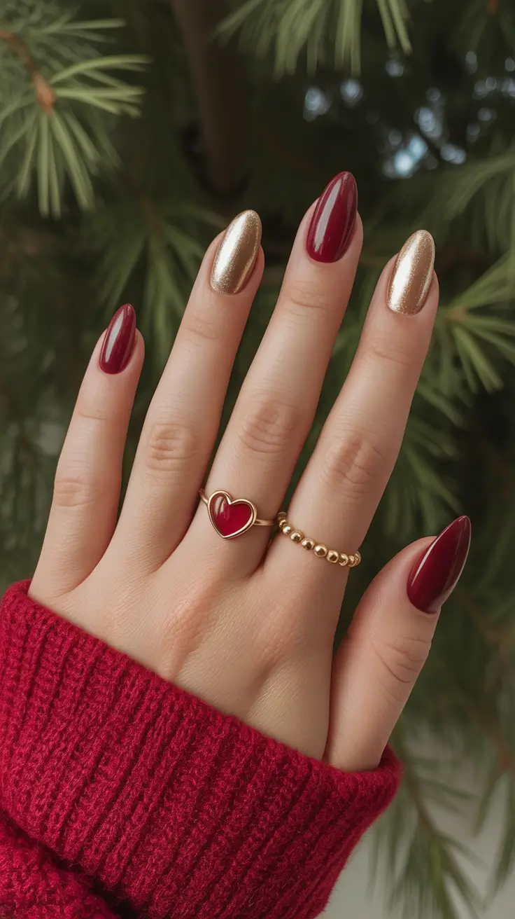 easy christmas nails ideas 2025 Cozy Red And Gold Almond Holiday Mani