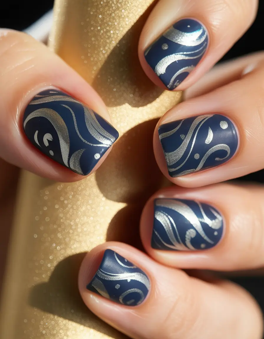 easy christmas nails ideas 2025 Matte Navy Swirls With Silver Accents On Short Nails