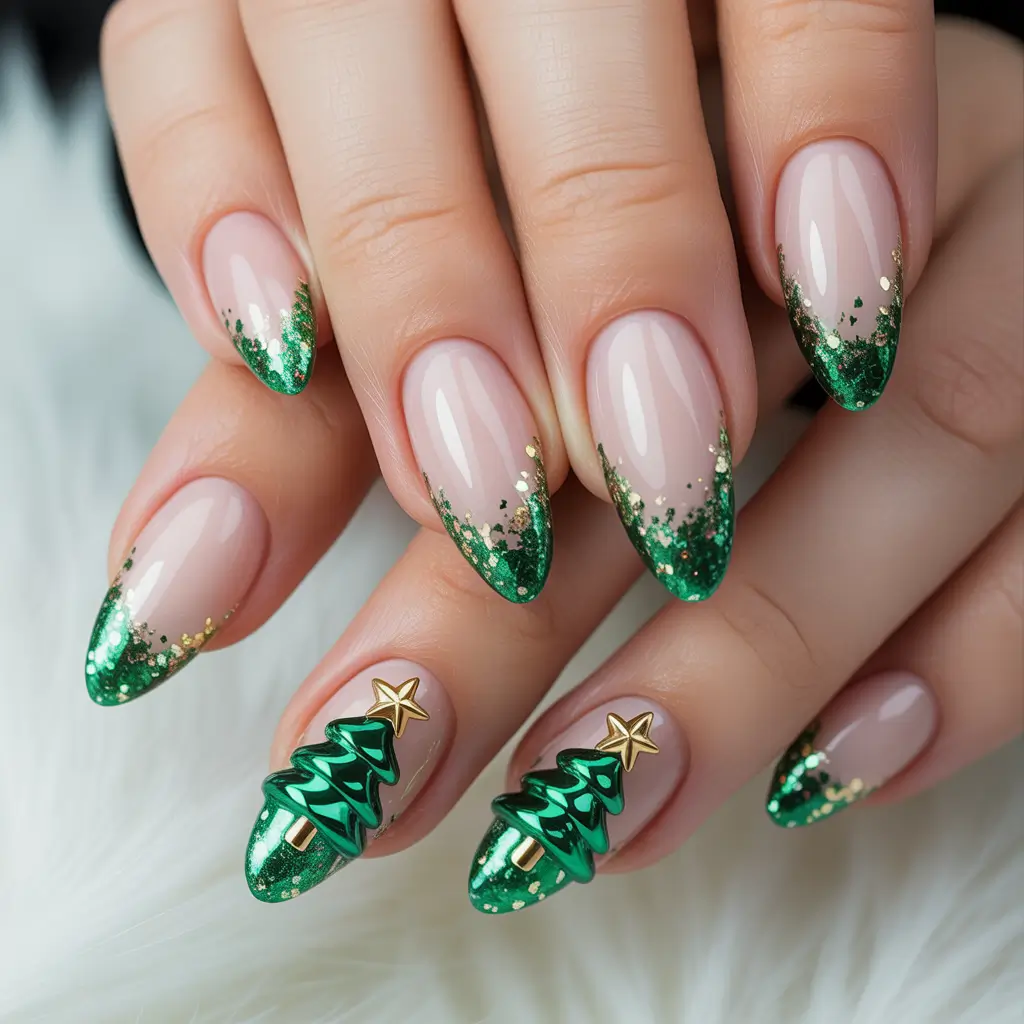 easy christmas nails ideas 2025 Green Glitter French With 3D Christmas Tree Charms