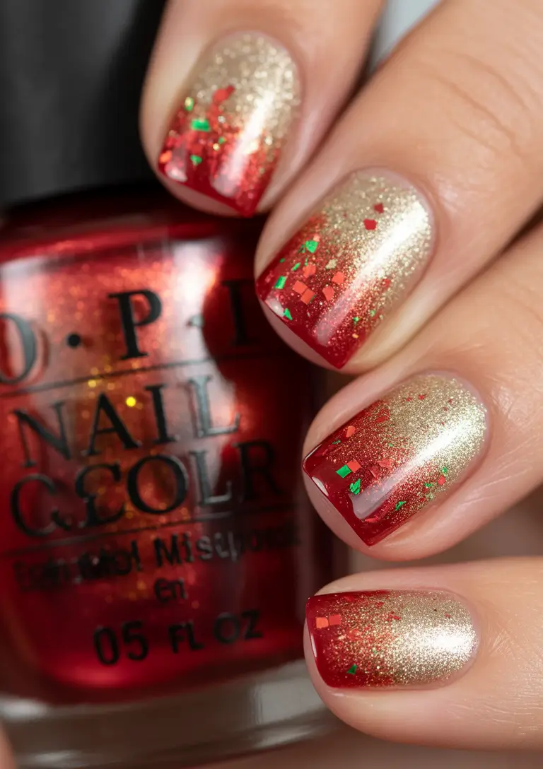 easy christmas nails ideas 2025 Gold-To-Red Glitter Ombre Square Nails