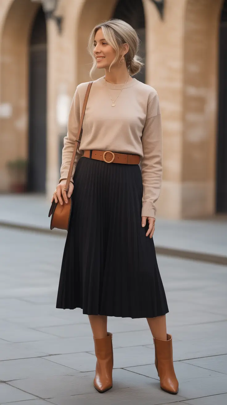 Everyday outfits for women 2026 Pleated midi and warm leather accents for classy modest elegance