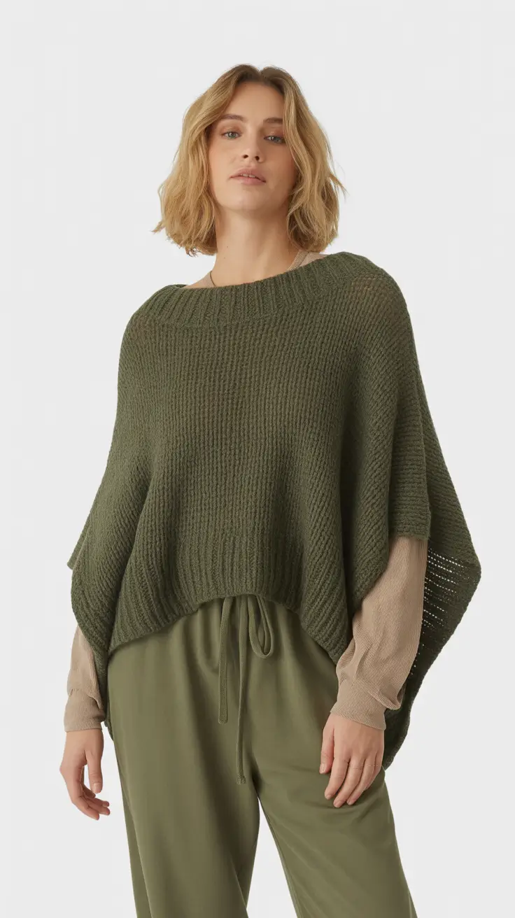 Everyday outfits for women 2026 Oversized knit poncho in earthy tones for quiet minimalism