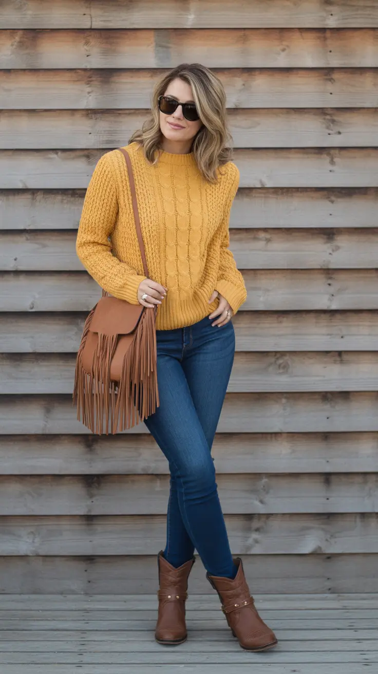 Everyday outfits for women 2026 Yellow cable knit and denim for cheerful casual days