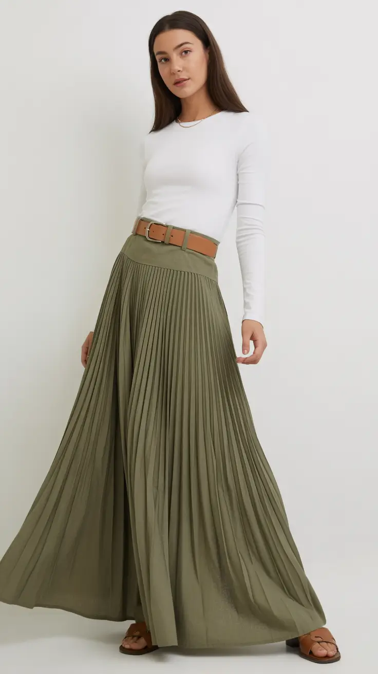 Everyday outfits for women 2026 Pleated maxi skirt with a clean white top for elegant simplicity