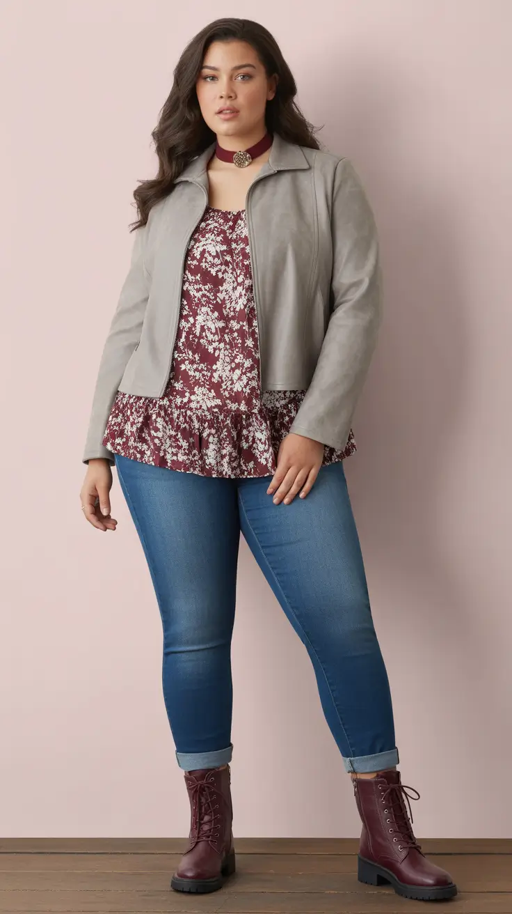 Everyday outfits for women 2026 Printed blouse and denim with boots for comfy feminine charm