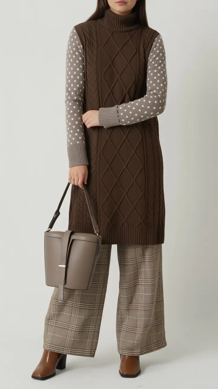 Everyday outfits for women 2026 Patterned knits and wide trousers for warm winter casual