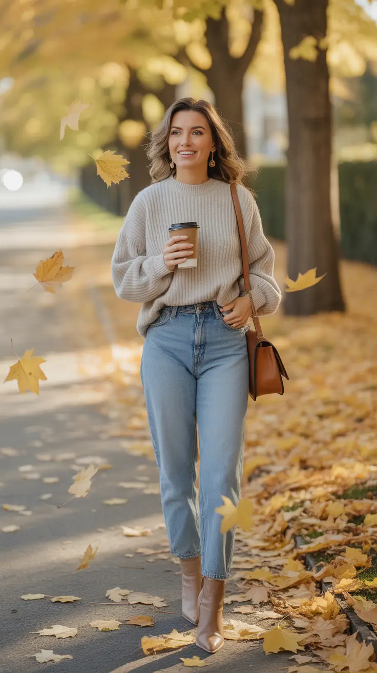 Everyday outfits for women 2026 Soft knit and denim for a golden-hour autumn walk