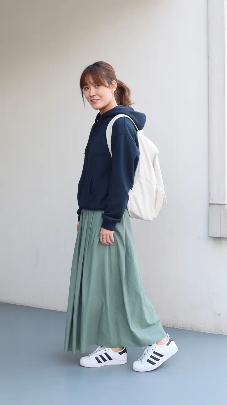 Everyday outfits for women 2026 Cute hoodie and maxi skirt with soft inspo casual energy