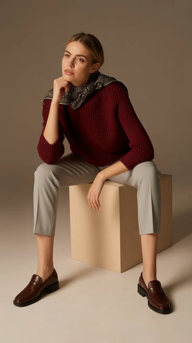 Everyday outfits for women 2026 Burgundy knit and cropped trousers for classy minimalist days