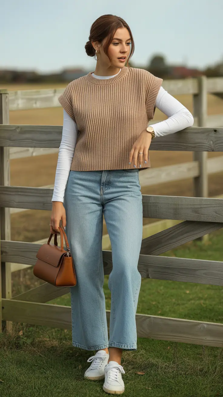 Everyday outfits for women 2026 Layered knit vest and denim for clean everyday ease