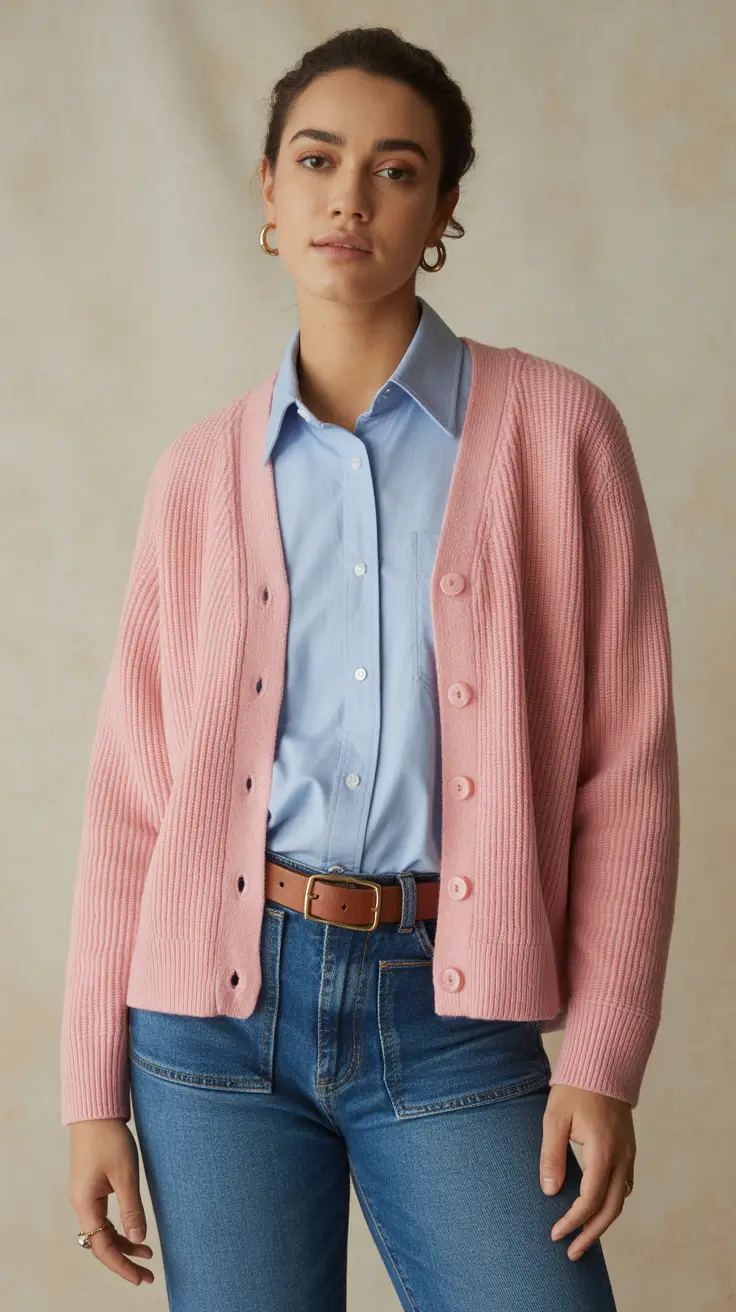 Everyday outfits for women 2026 Soft pink cardigan and denim with a gentle classic touch