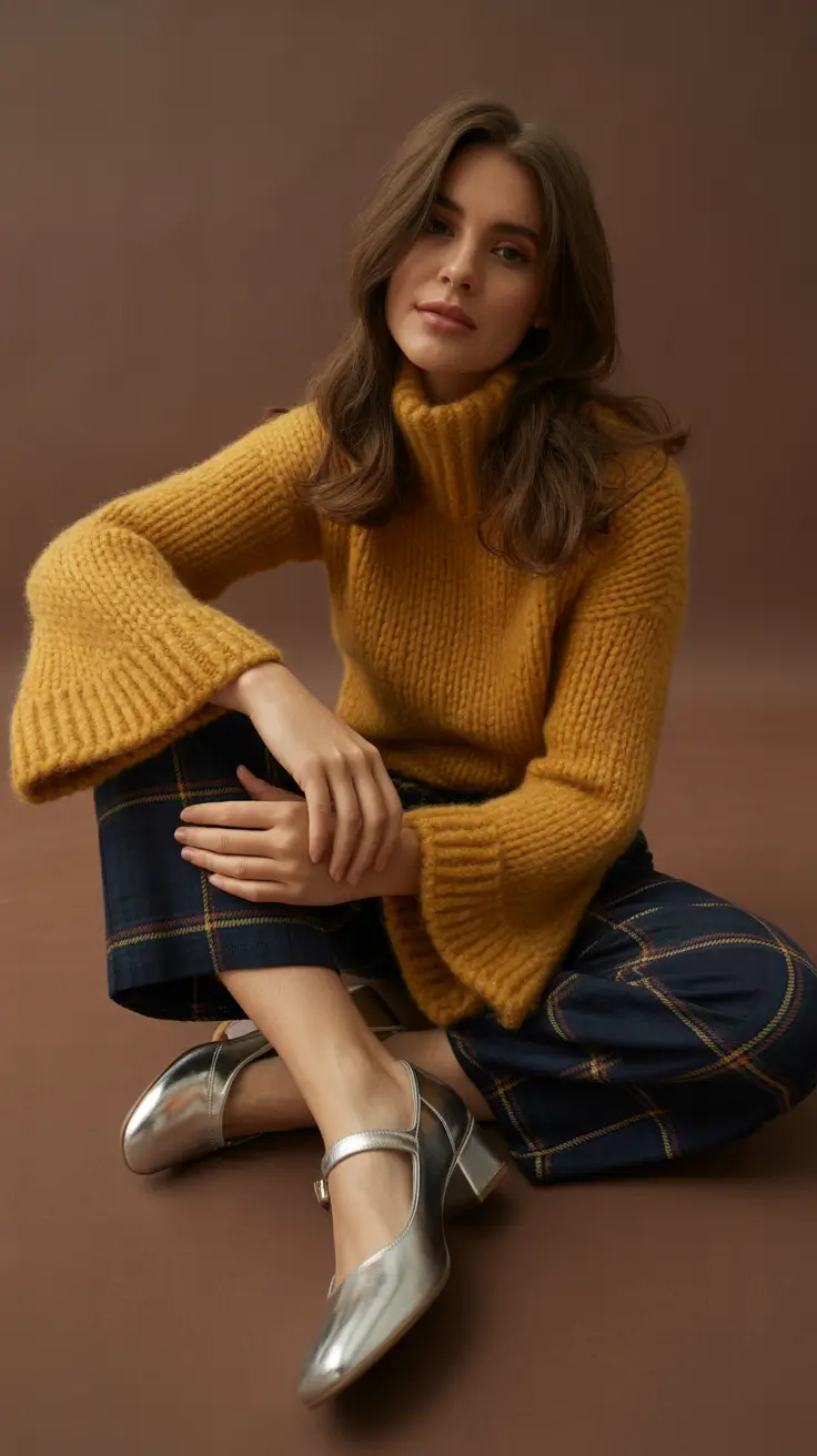 Everyday outfits for women 2026 Chunky mustard knit with patterned trousers for bold cozy style