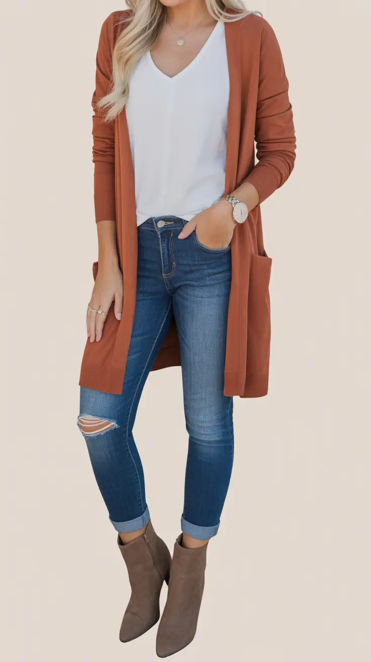 Everyday outfits for women 2026 Long rust cardigan and denim for effortless warm layering
