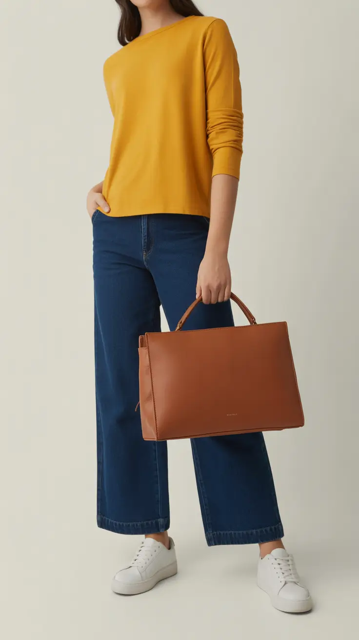 Everyday outfits for women 2026 Mustard top and wide denim for clean simple confidence