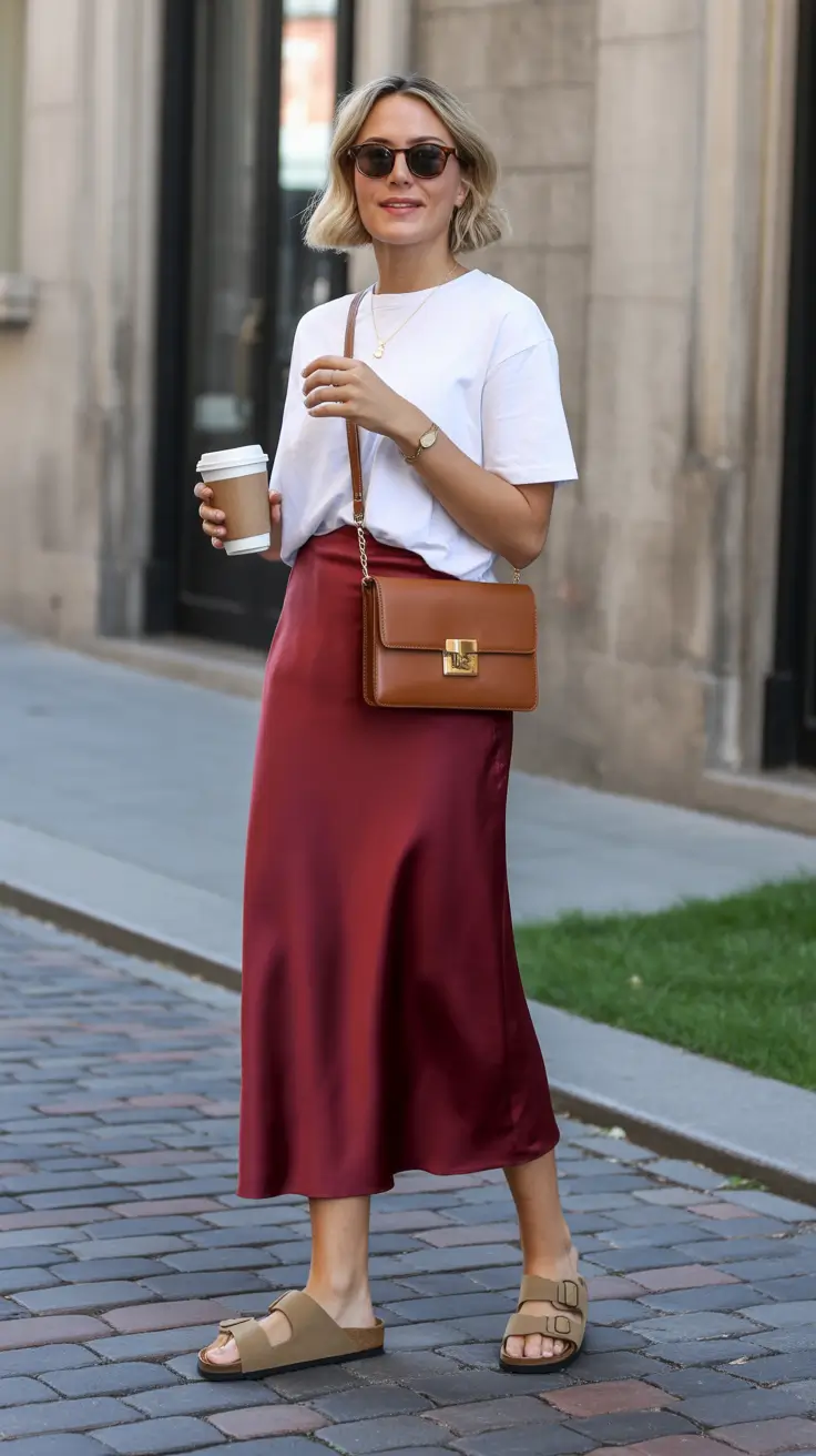 Everyday outfits for women 2026 White tee and satin skirt for soft everyday chic