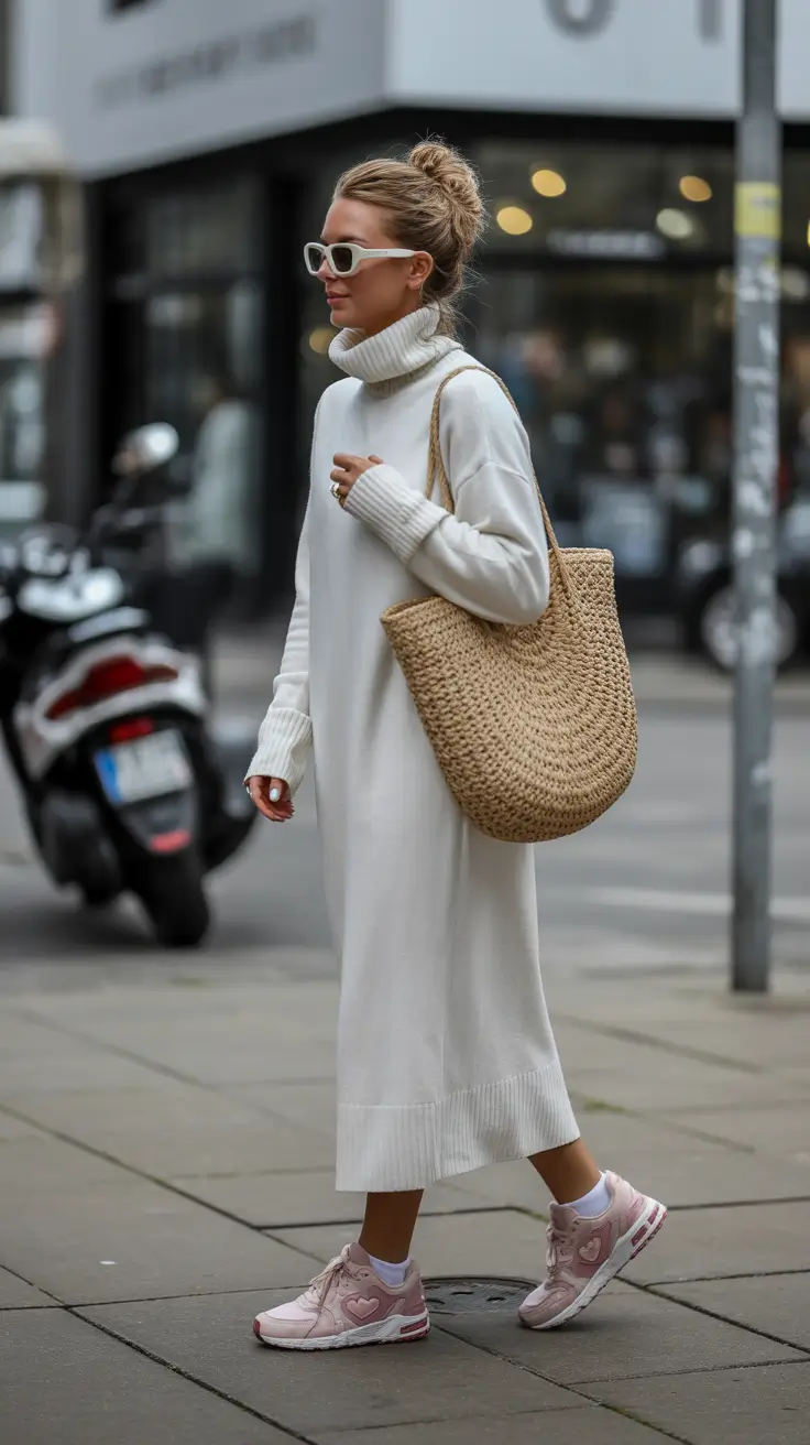 Everyday outfits for women 2026 Cream knit dress and pink sneakers for modern comfy minimalism