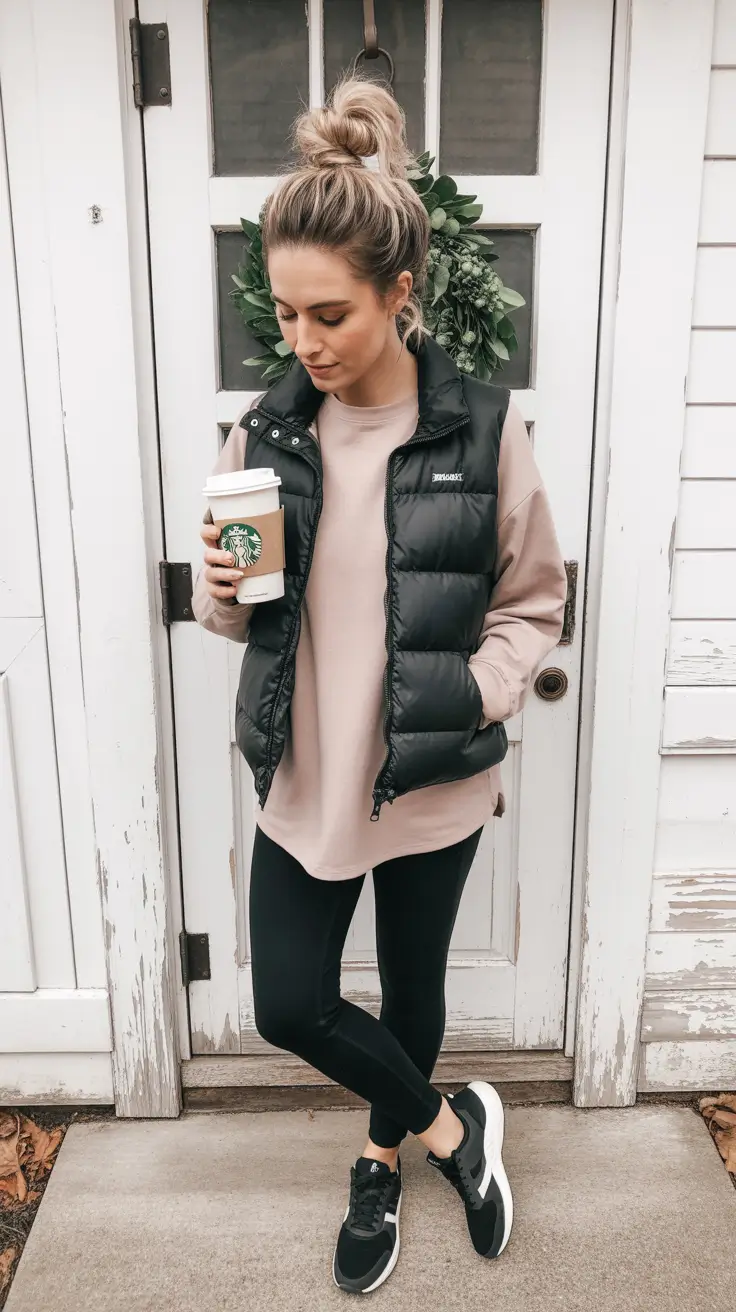 Everyday outfits for women 2026 Sporty vest and leggings for practical winter casual days