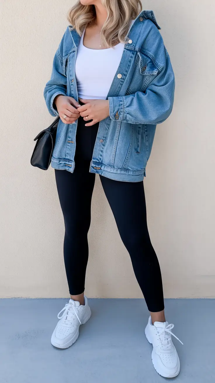 Everyday outfits for women 2026 Denim jacket and leggings as an elevated basic uniform