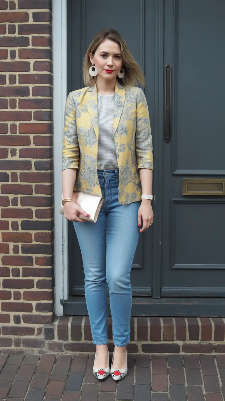 Everyday outfits for women 2026 Patterned blazer and jeans for everyday smart casual polish