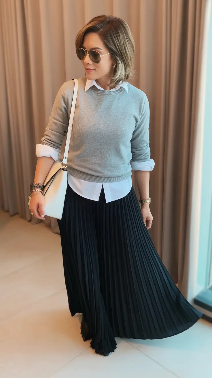 Everyday outfits for women 2026 Pleated skirt and layered knit for elegant modest days