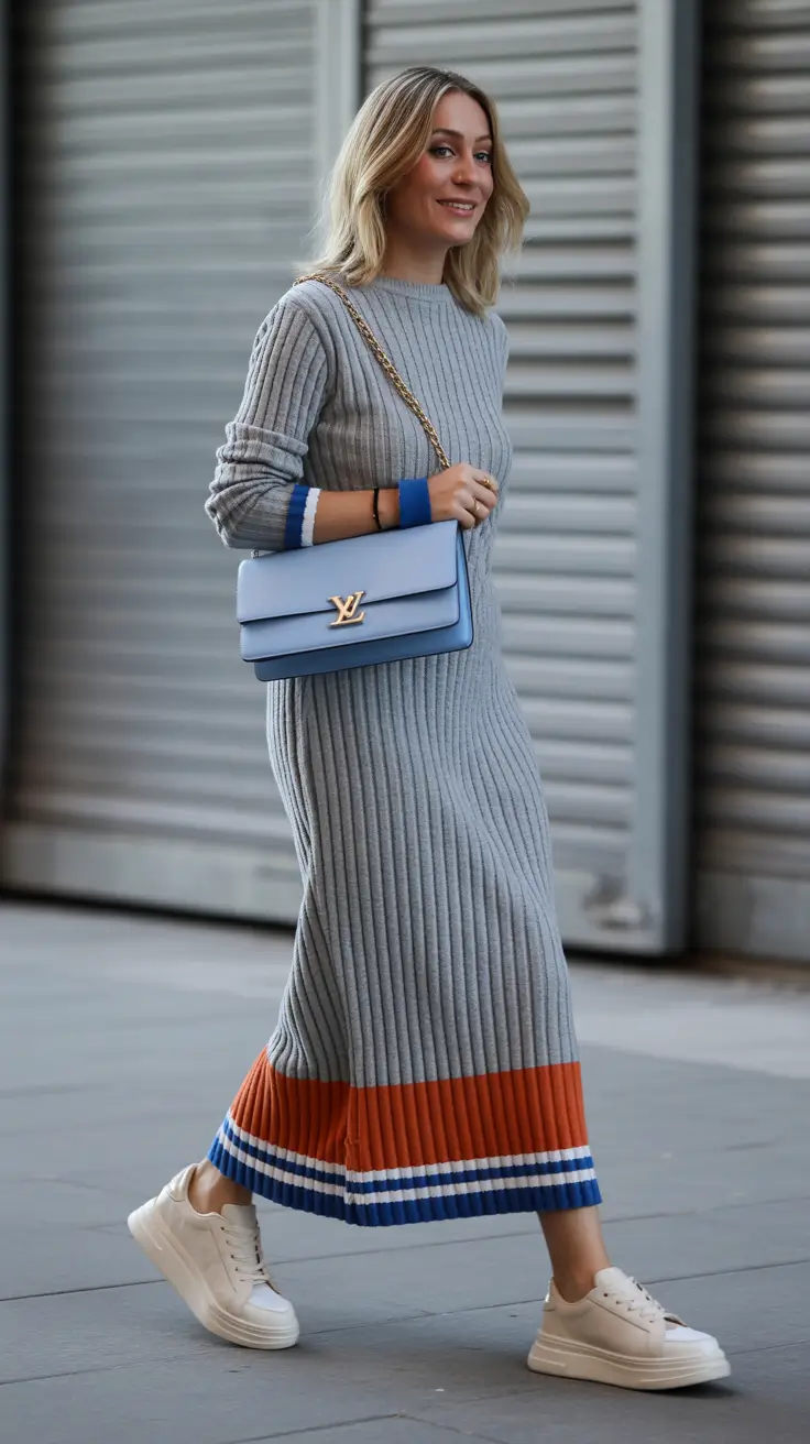 Everyday outfits for women 2026 Ribbed sweater dress and sneakers for easy city days