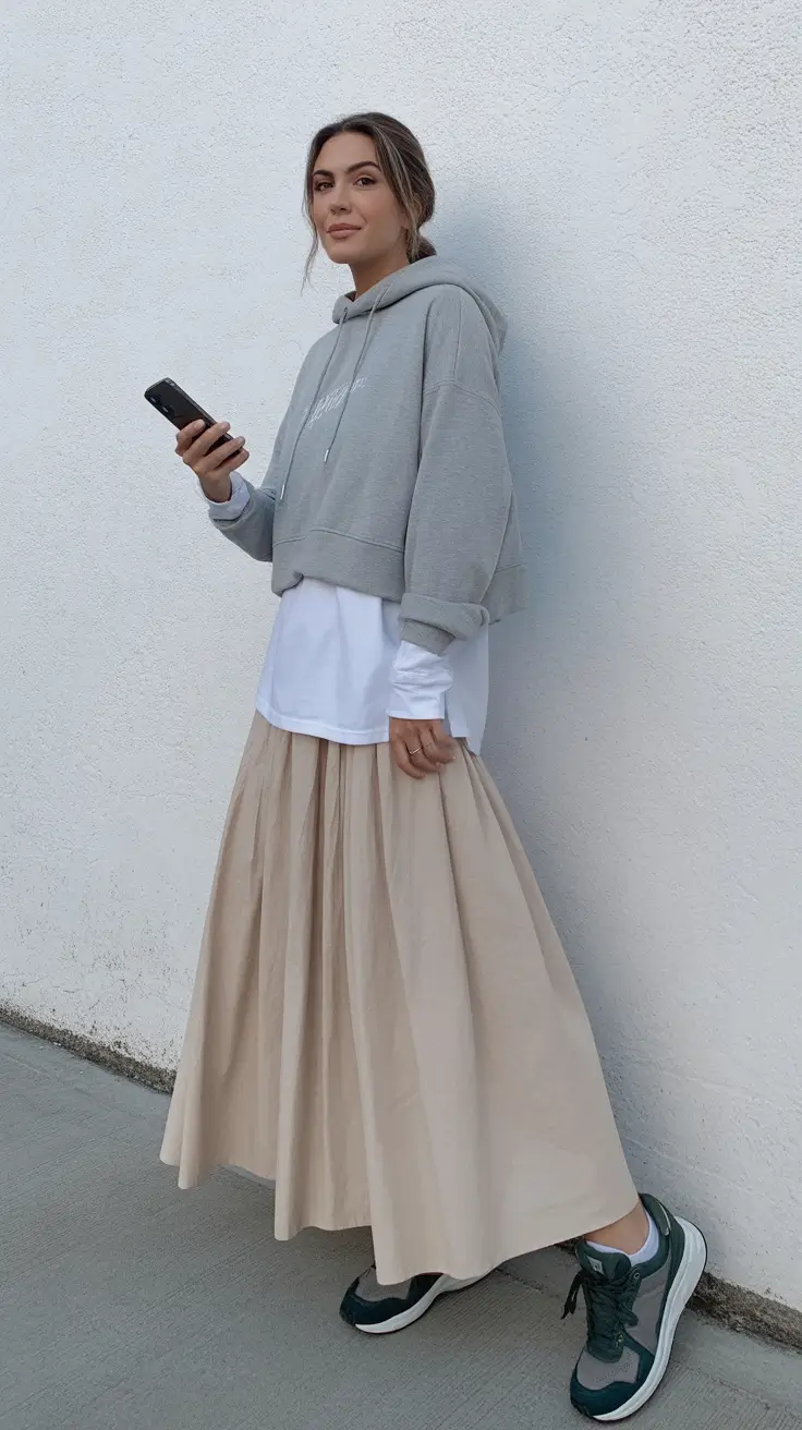 Everyday outfits for women 2026 Full skirt and hoodie with relaxed inspo casual charm
