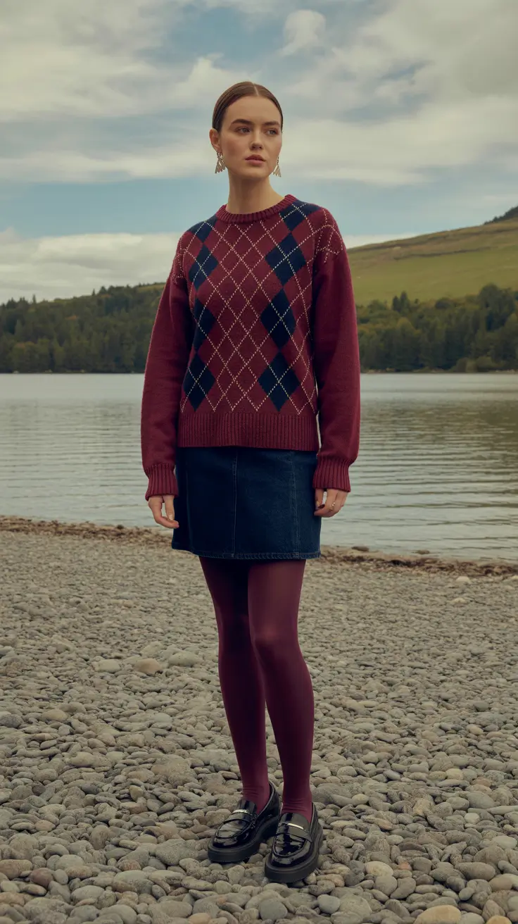 fashion outfits inspo for women 2026 Argyle Knit And Mini Skirt For Nostalgic Weekends