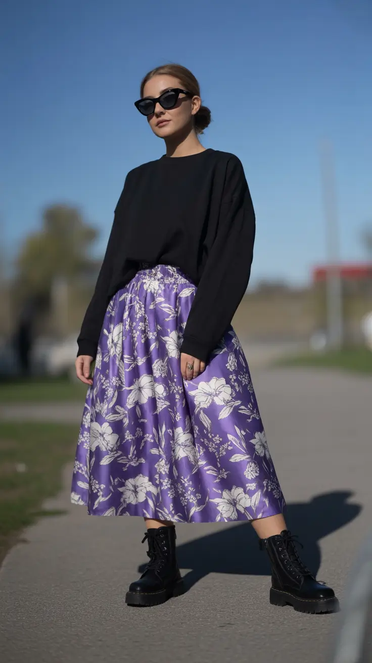 fashion outfits inspo for women 2026 Floral Satin Skirt With Tough Boots