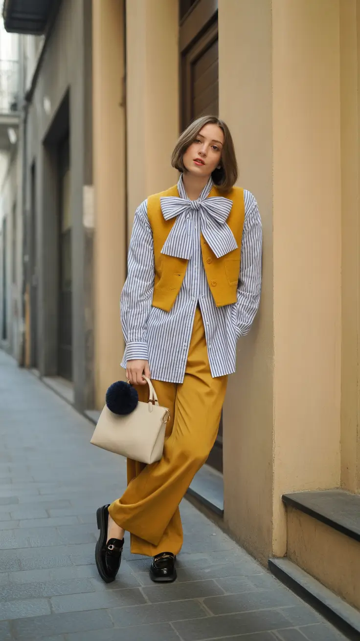 fashion outfits inspo for women 2026 Oversized Bow And Mustard Tailoring