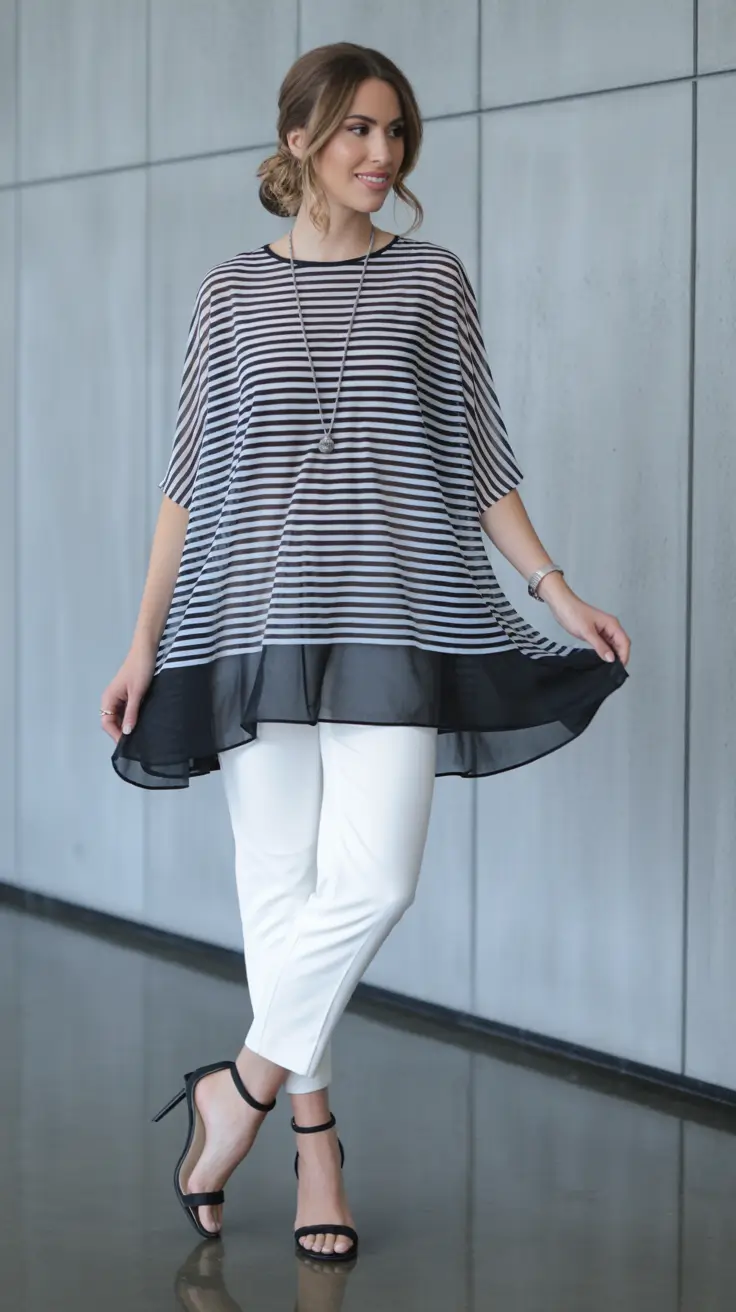 fashion outfits inspo for women 2026 Striped Floaty Tunic And Clean White Trousers