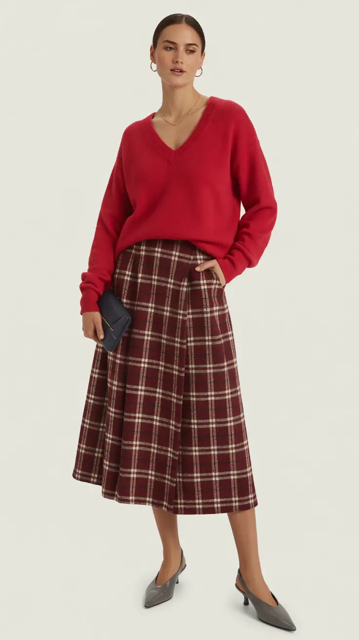 fashion outfits inspo for women 2026 Berry Plaid Skirt And Cozy Red Knit