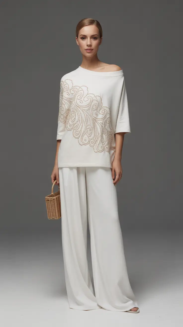 fashion outfits inspo for women 2026 All-White Resort Suiting With Soft Embroidery